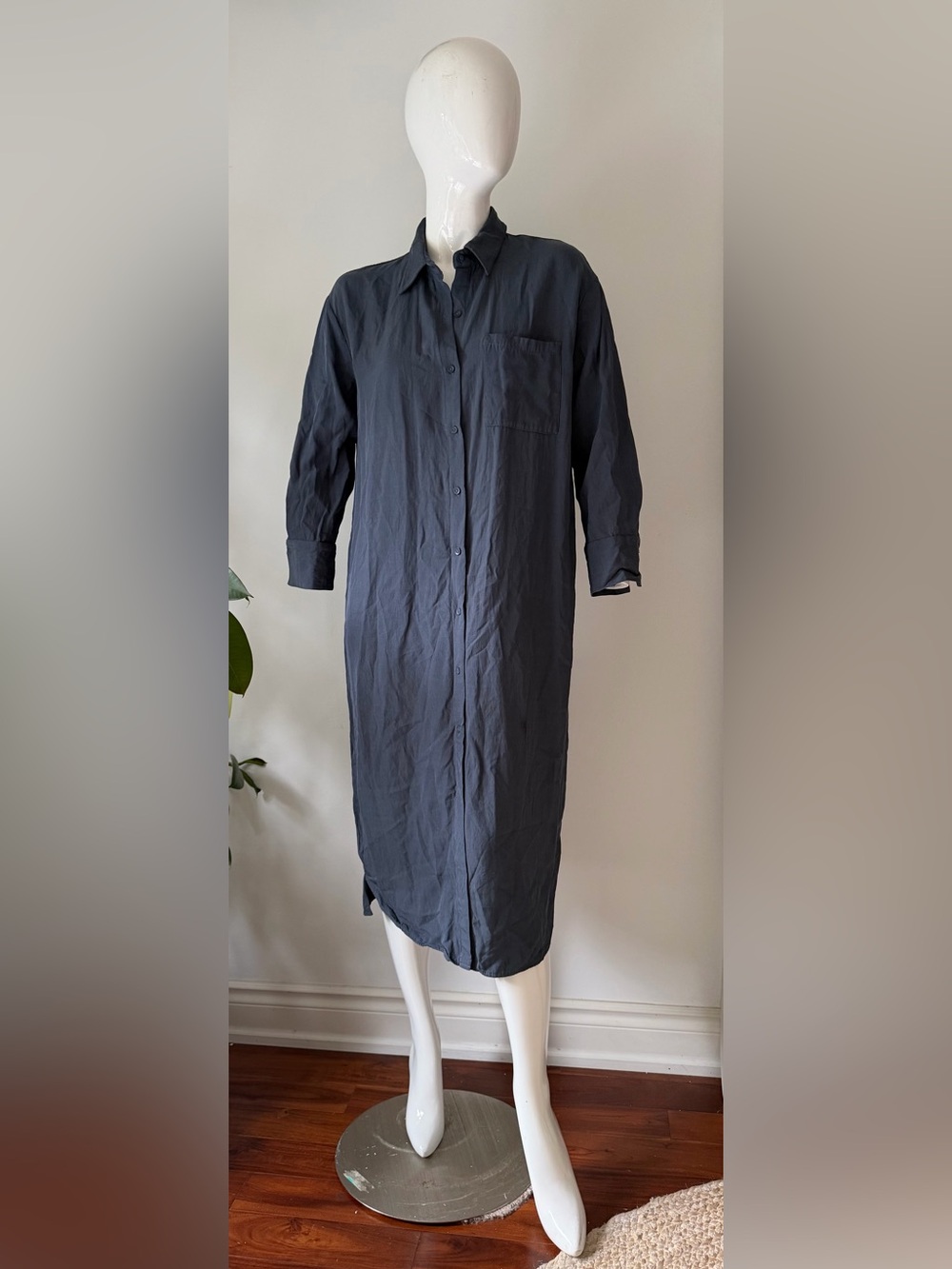Zara Navy Blue Oversized Maxi Shirt Dress Long Sleeve Button Front Size M